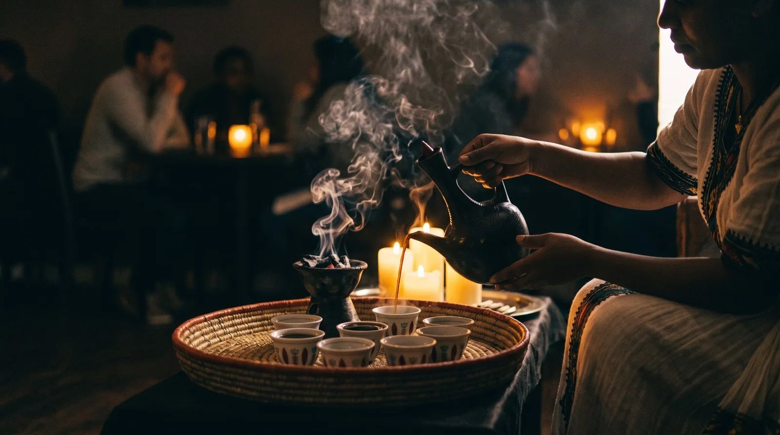 Coffee poured from a jebena into small cups during a coffee ceremony